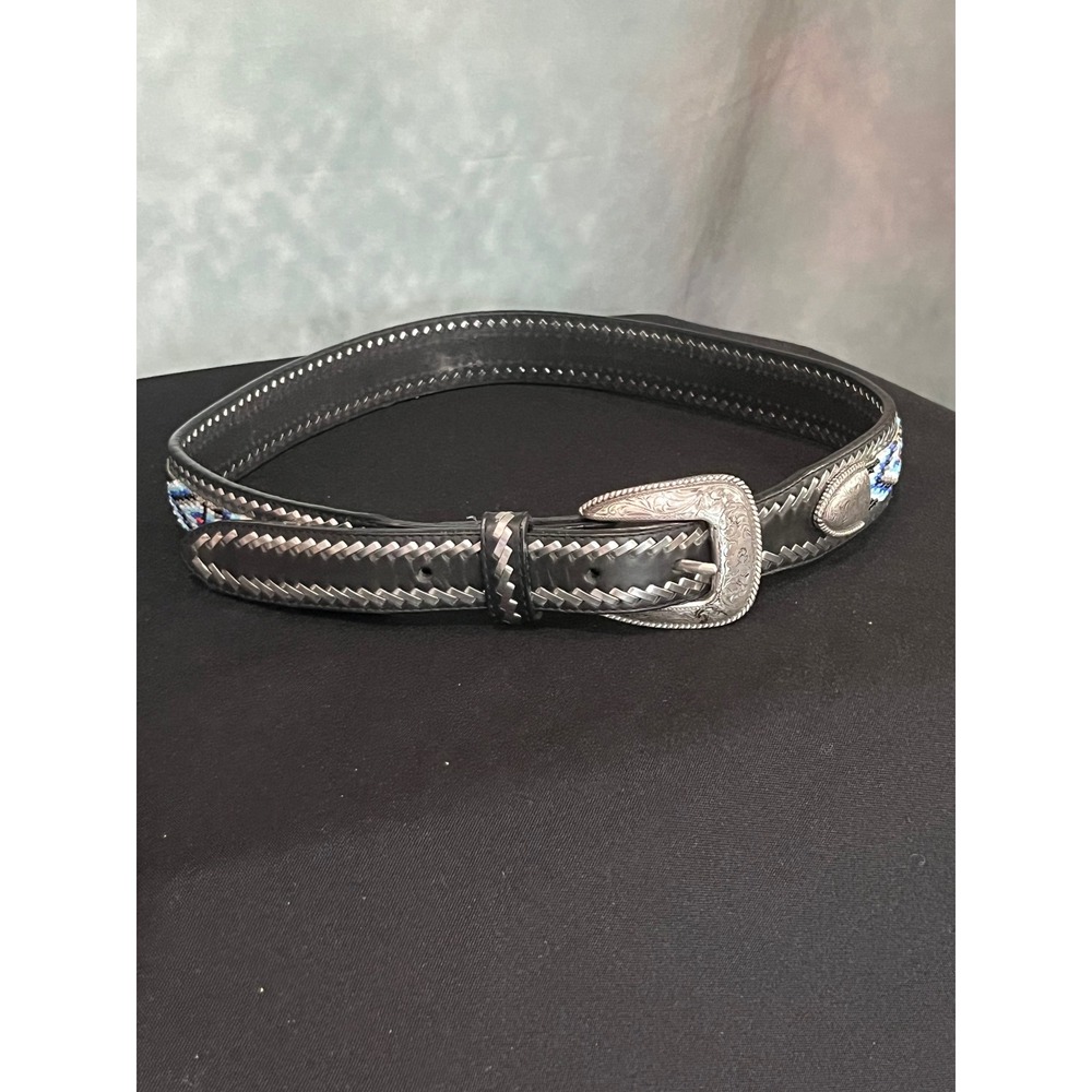 Tony Lama Black Leather Beaded Southwestern Western Belt 30 Silver Buckle 9143L